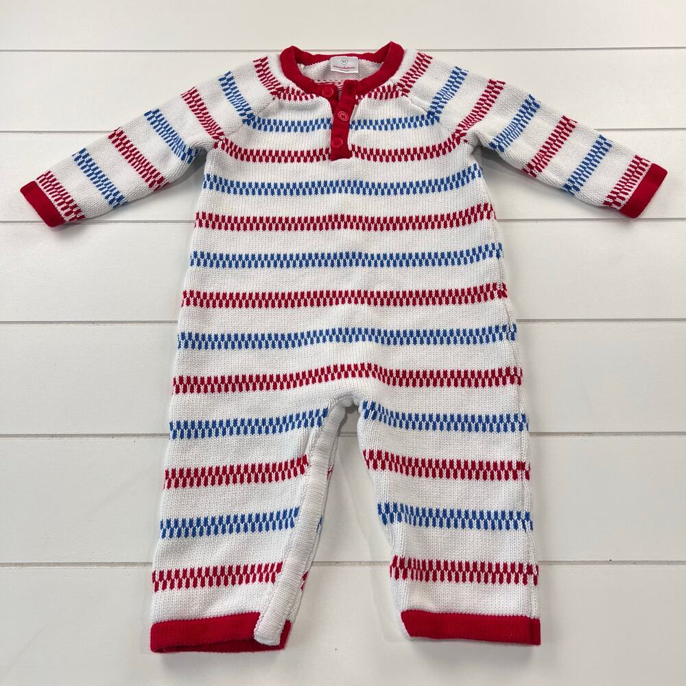 Hanna Andersson Red White Blue Striped Knit Sweater Romper Baby SZ 18-24 month